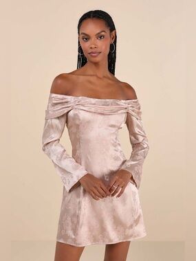 Lulu's Truly Yours Blush Satin Jacquard Off-the-Shoulder Mini Dress Womens